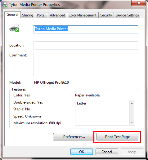 print test page button windows 10